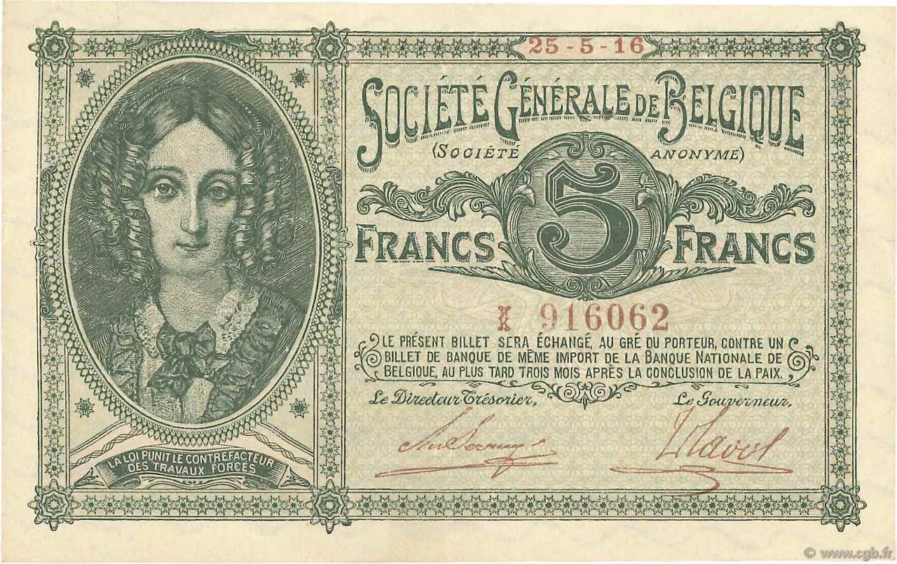 5 Francs BELGIUM  1916 P.088 XF