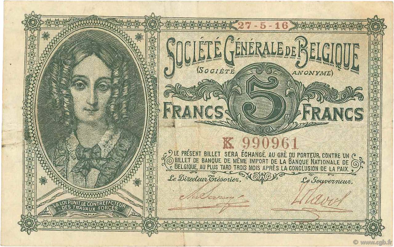 5 Francs BELGIEN  1916 P.088 SS