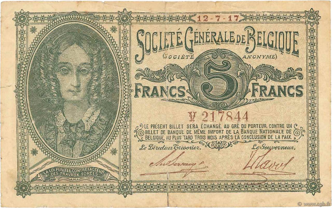 5 Francs BELGIEN  1917 P.088 S