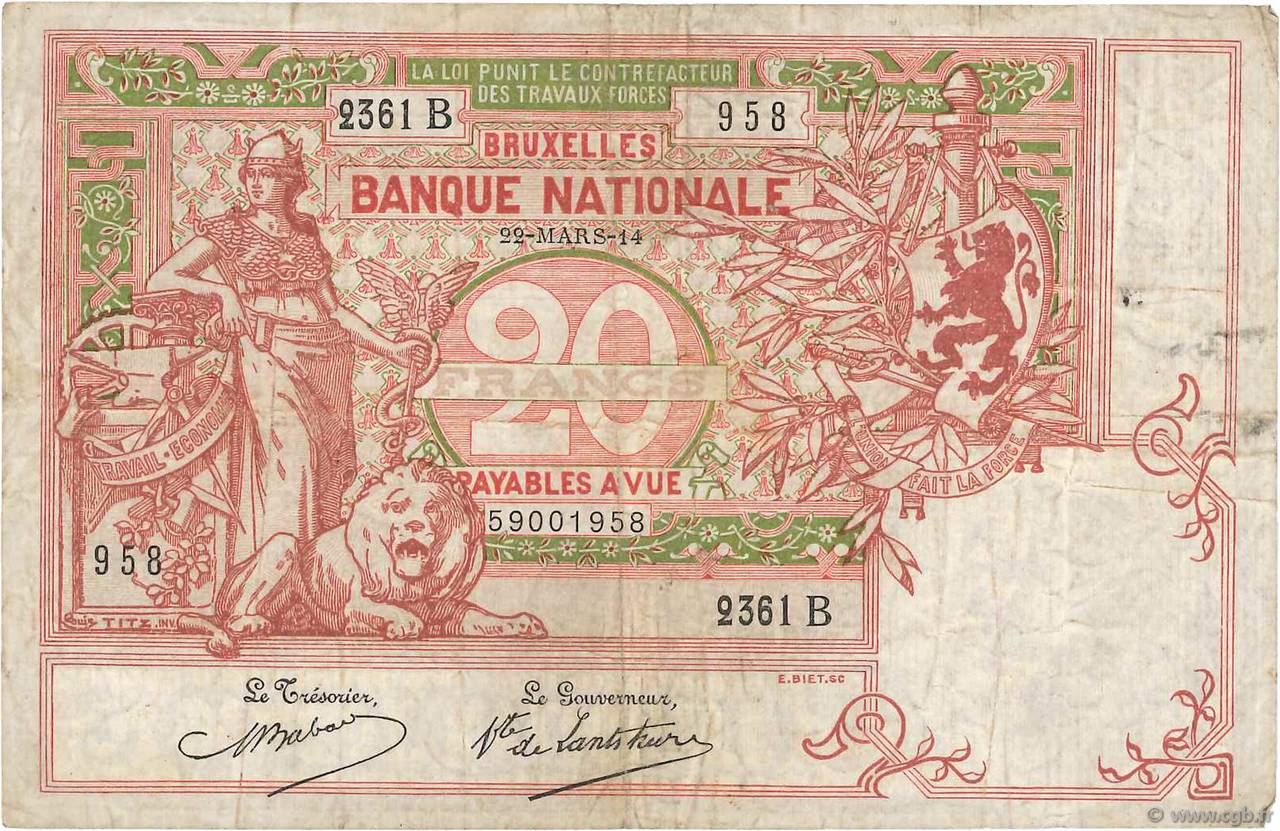 20 Francs BELGIO  1914 P.067 MB