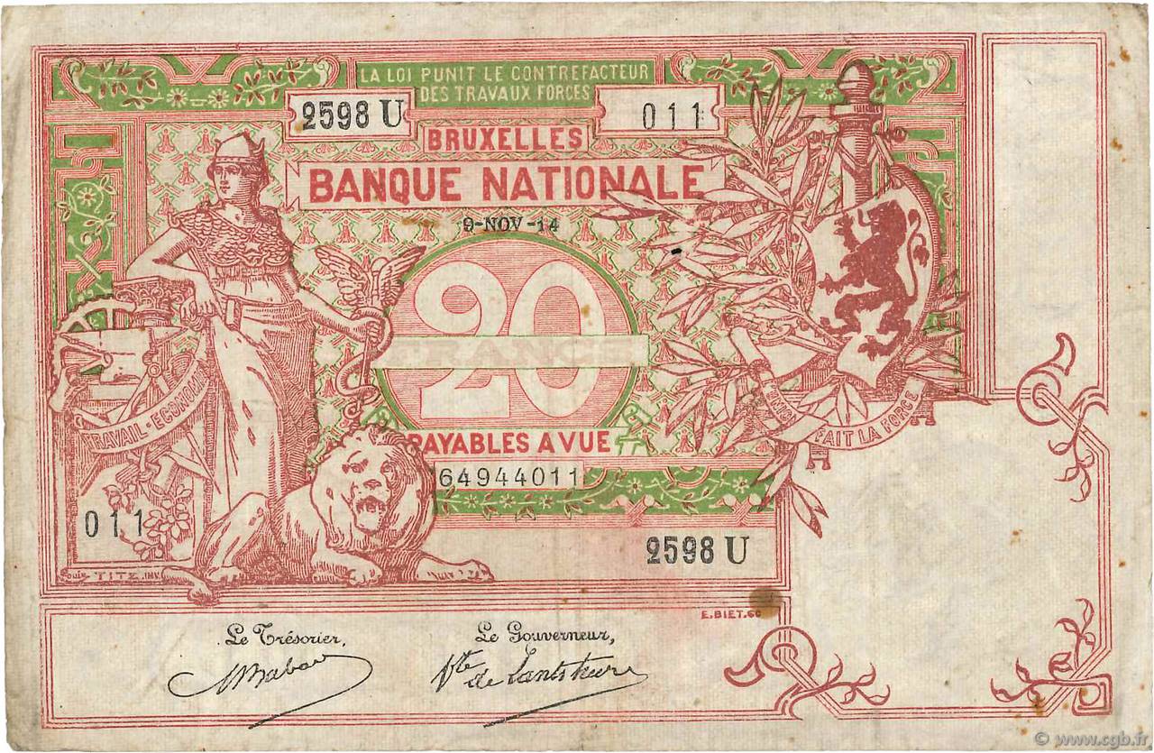 20 Francs BELGIEN  1914 P.067 fSS