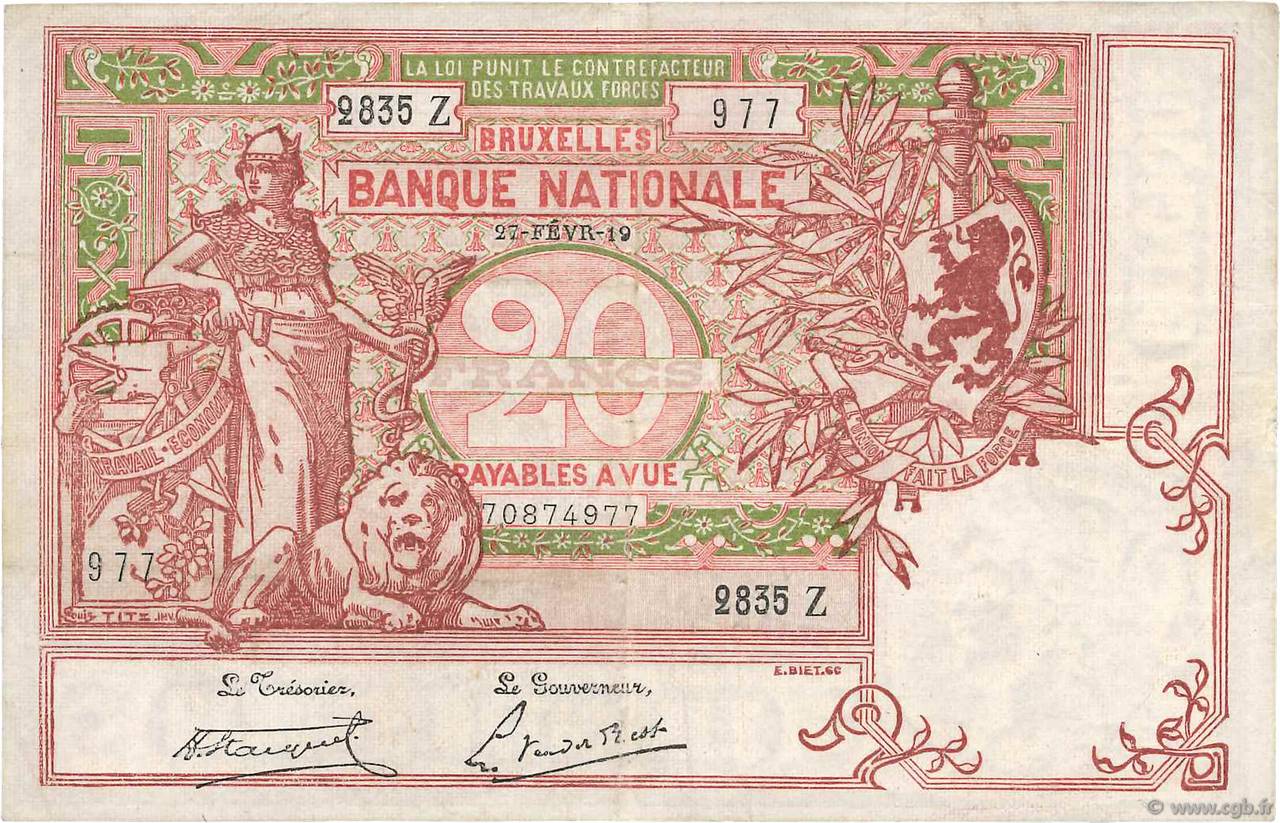 20 Francs BÉLGICA  1919 P.067 MBC