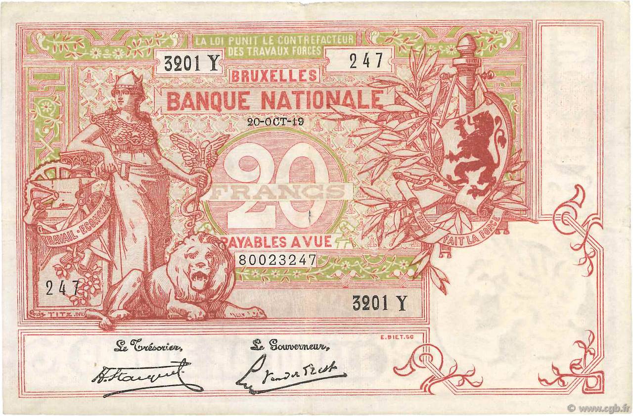 20 Francs BELGIUM  1919 P.067 VF-