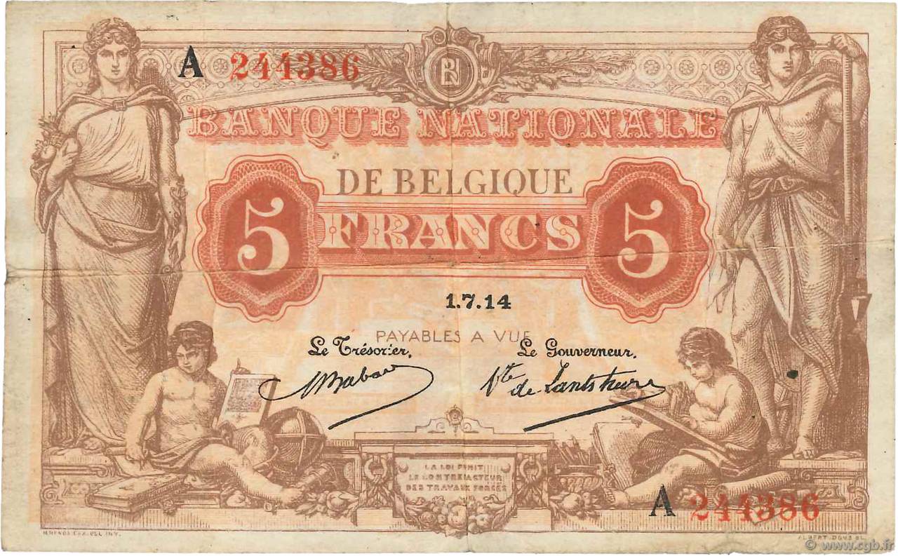 5 Francs BELGIEN  1914 P.074a SGE