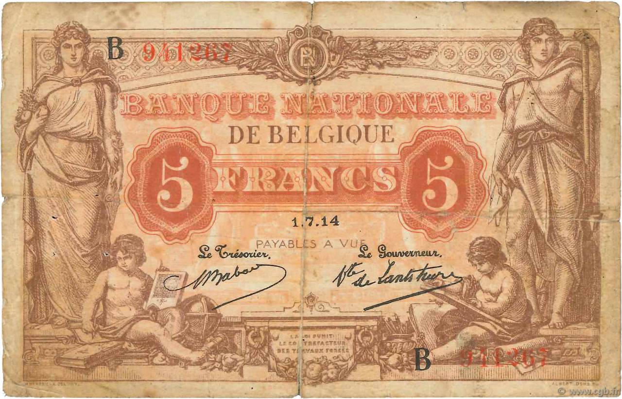 5 Francs BELGIUM  1914 P.074a VG