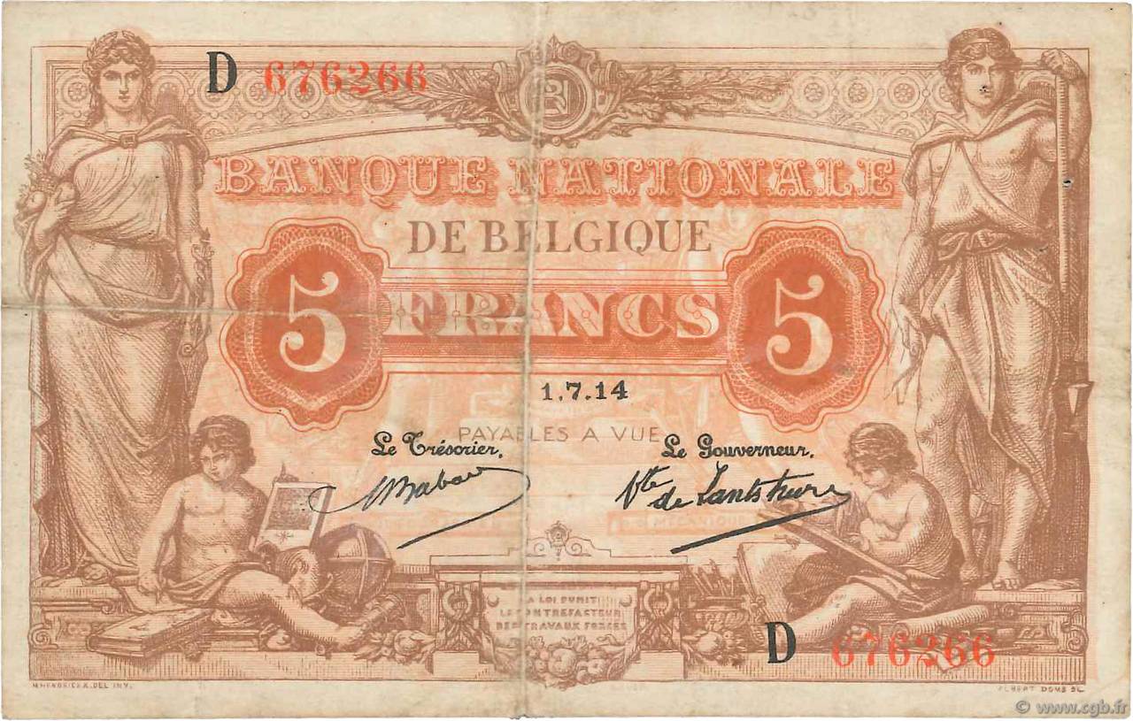 5 Francs BELGIEN  1914 P.074a fSS