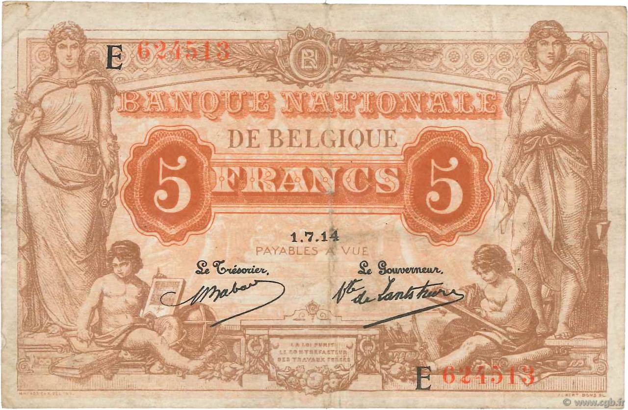 5 Francs BELGIO  1914 P.074a q.BB