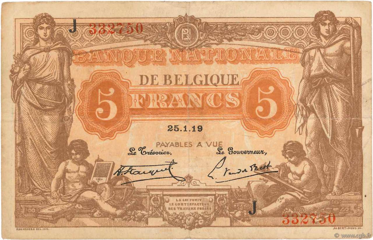 5 Francs BELGIEN  1919 P.074b fSS