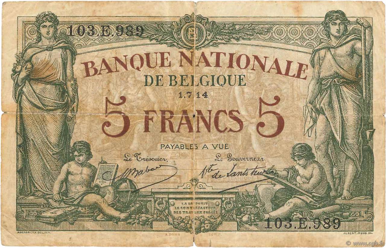 5 Francs BELGIUM  1914 P.075a G