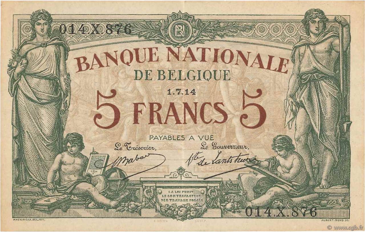 5 Francs BELGIEN  1914 P.075a VZ