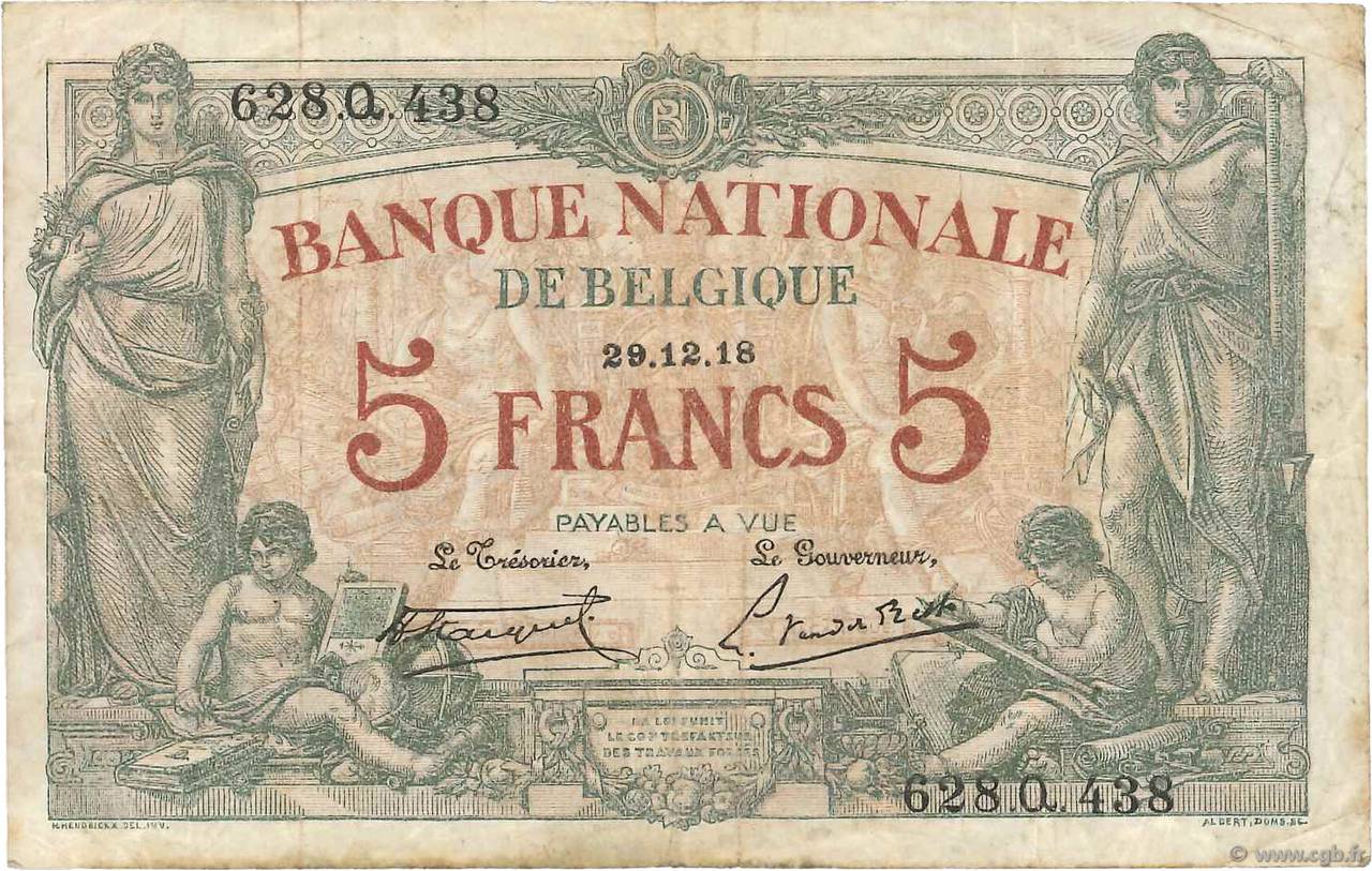 5 Francs BELGIEN  1918 P.075b S