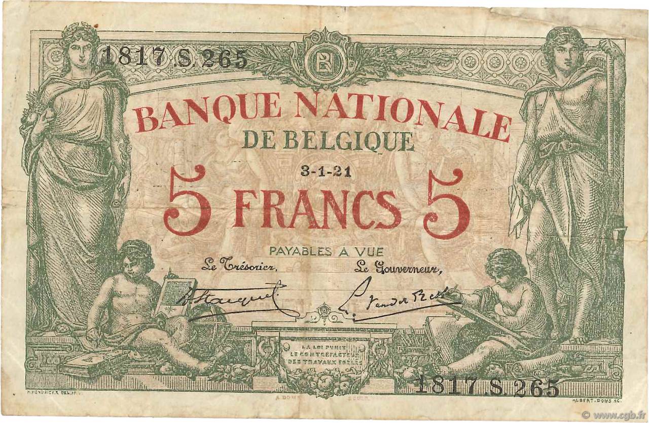 5 Francs BELGIEN  1921 P.075b S