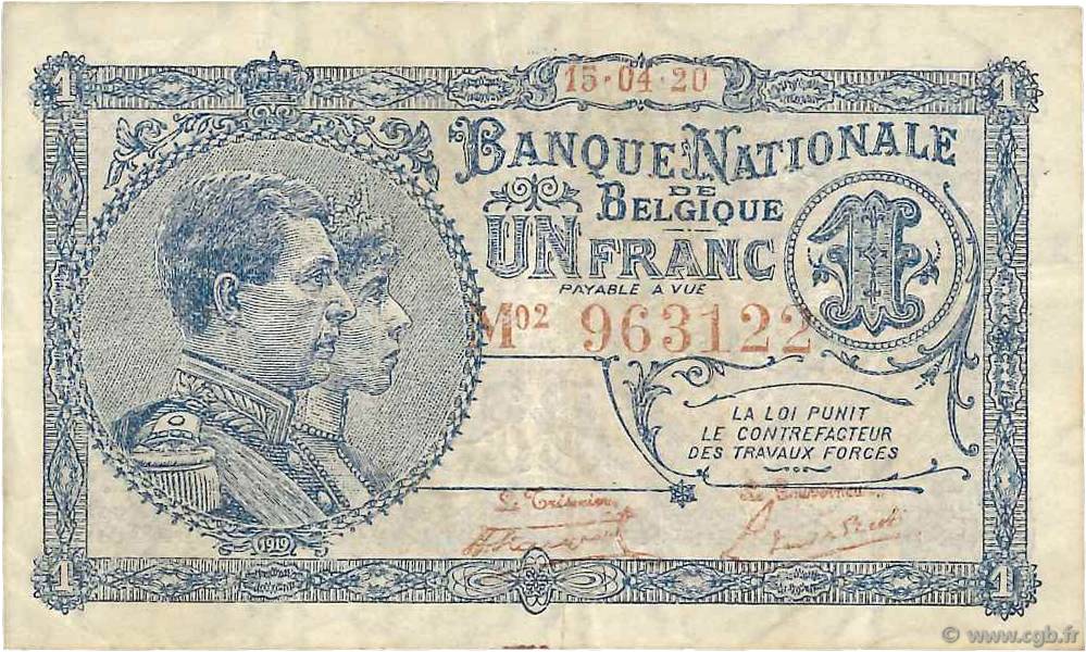 1 Franc BELGIUM  1920 P.092 VF