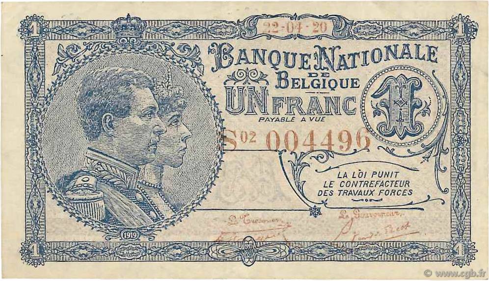 1 Franc BÉLGICA  1920 P.092 EBC