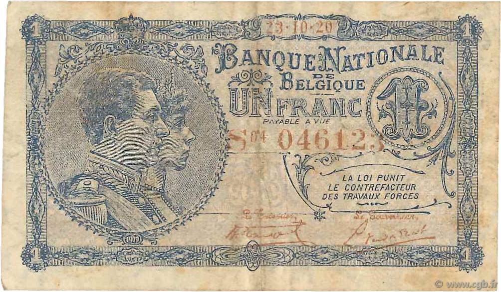 1 Franc BÉLGICA  1920 P.092 BC