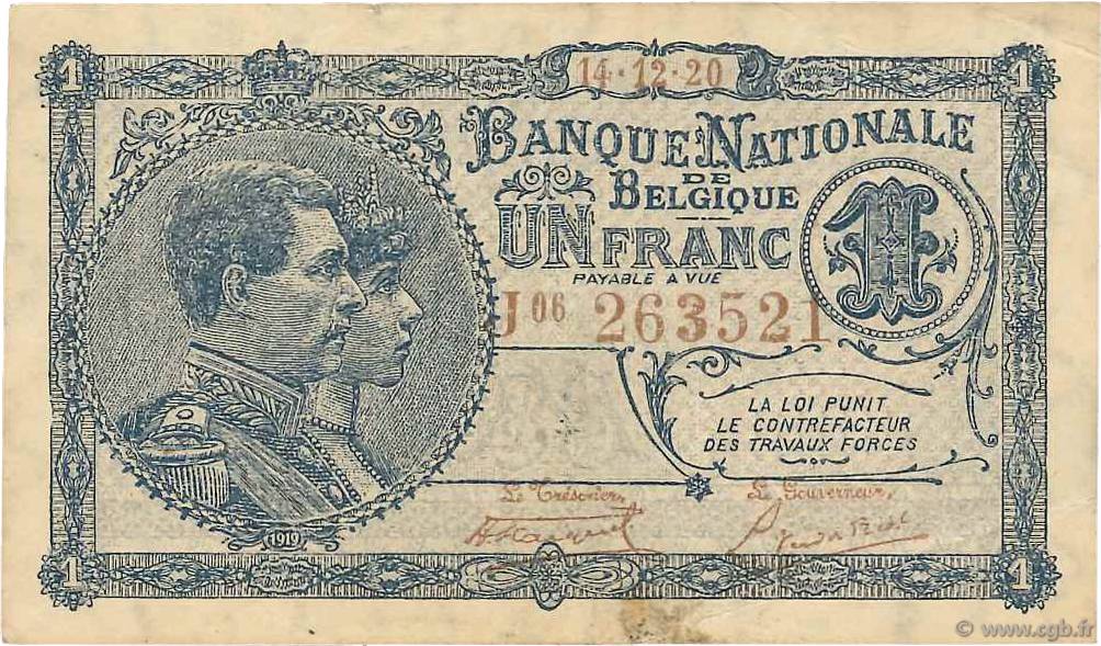 1 Franc BELGIEN  1920 P.092 SS