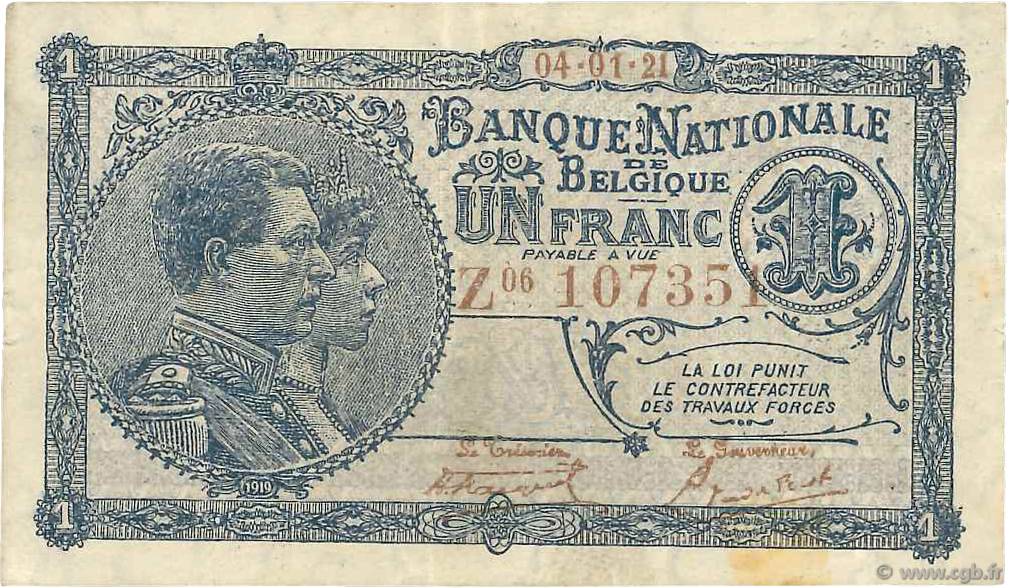 1 Franc BELGIUM  1921 P.092 VF