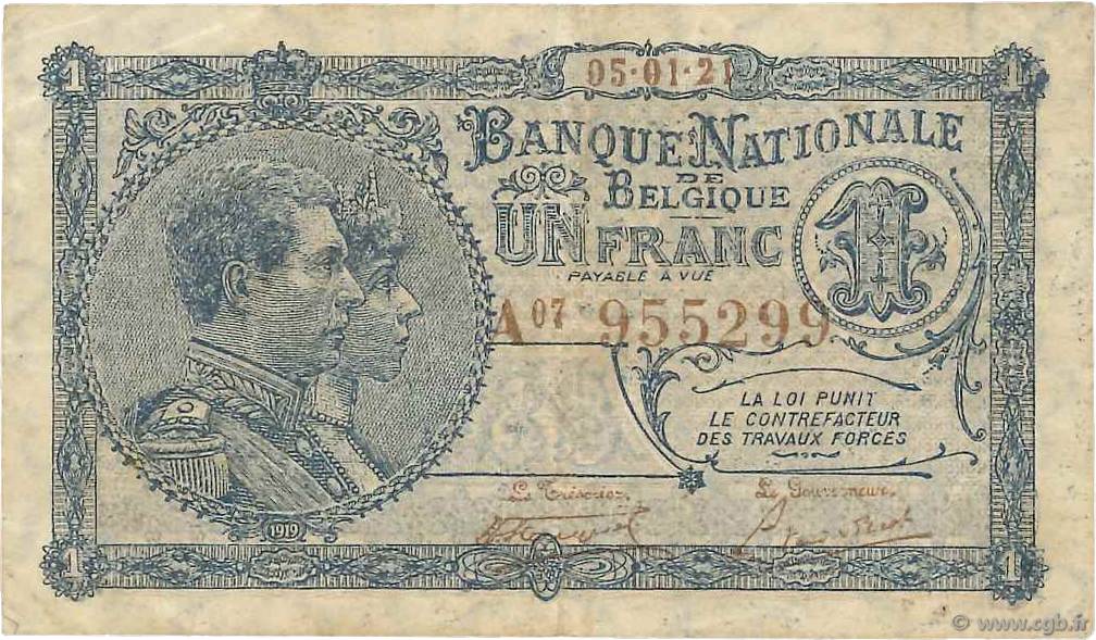 1 Franc BELGIEN  1921 P.092 fSS