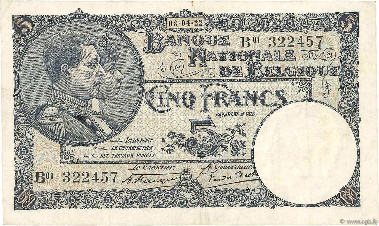 5 Francs BELGIUM  1922 P.093 VF