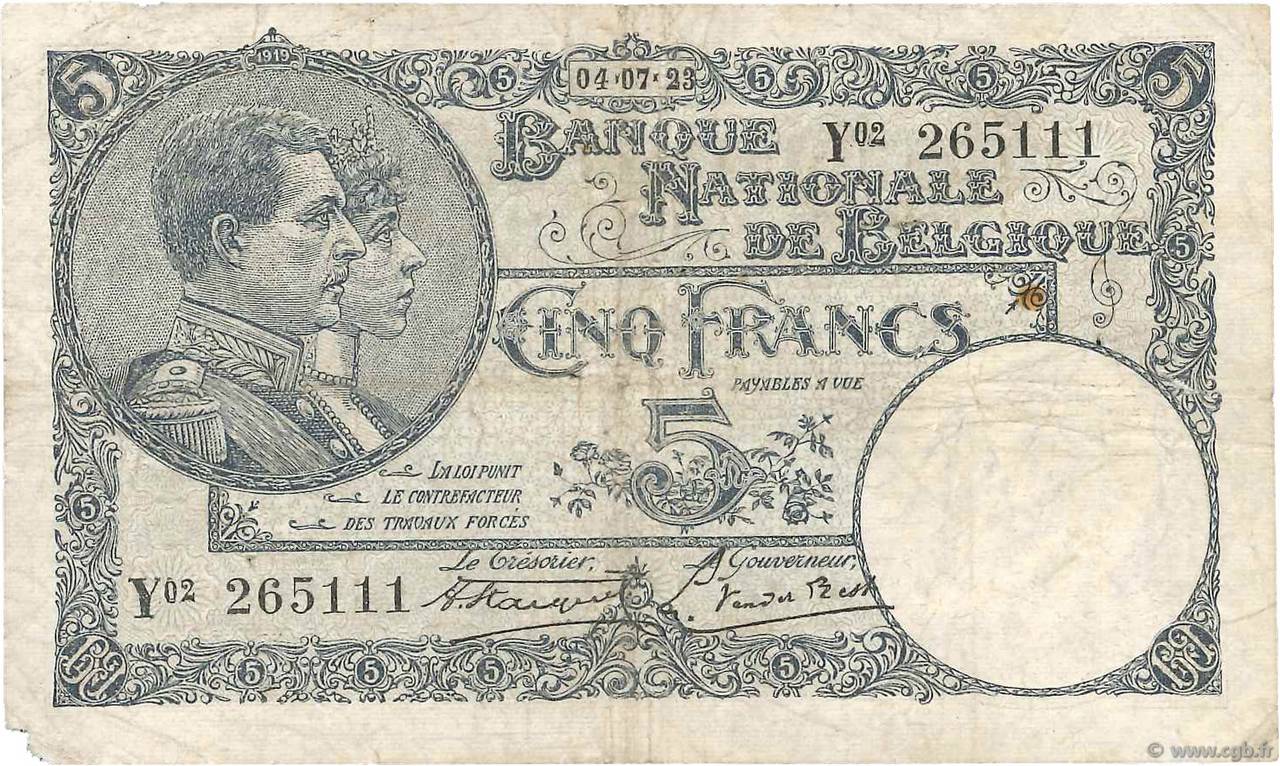 5 Francs BELGIEN  1923 P.093 SGE