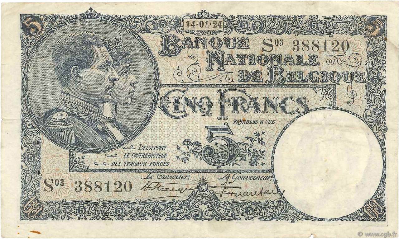 5 Francs BELGIUM  1924 P.093 F