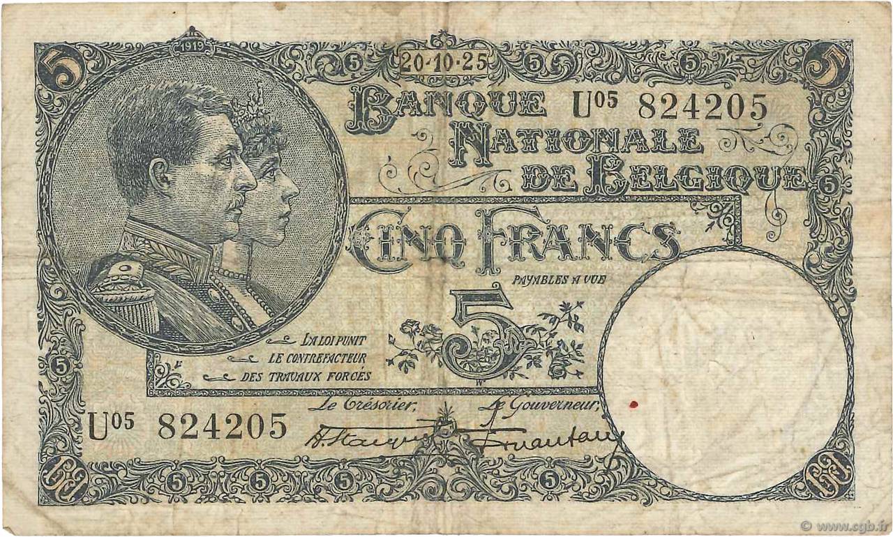 5 Francs BELGIUM  1925 P.093 VG