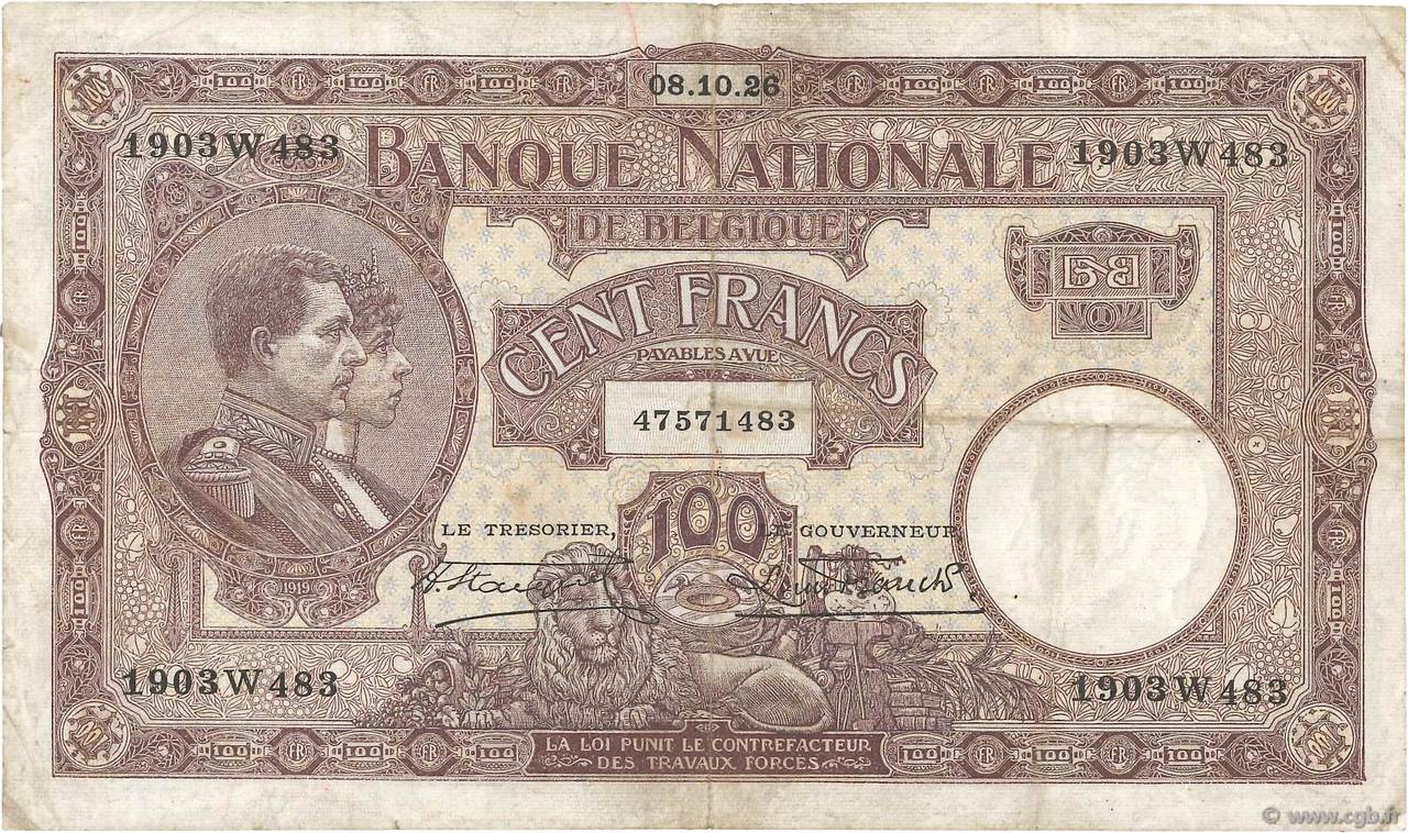 100 Francs BÉLGICA  1926 P.095 BC