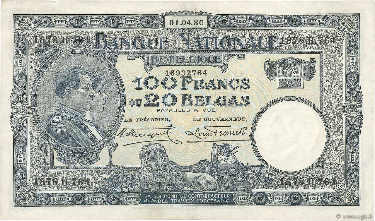 100 Francs - 20 Belgas BELGIO  1930 P.102 BB