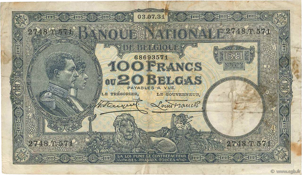 100 Francs - 20 Belgas BELGIUM  1931 P.102 VG