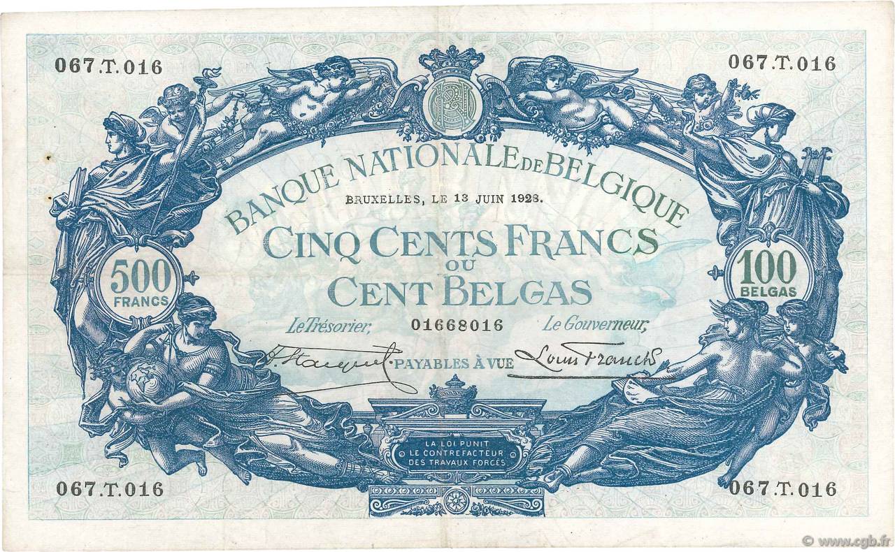500 Francs - 100 Belgas BELGIUM  1928 P.103a VF