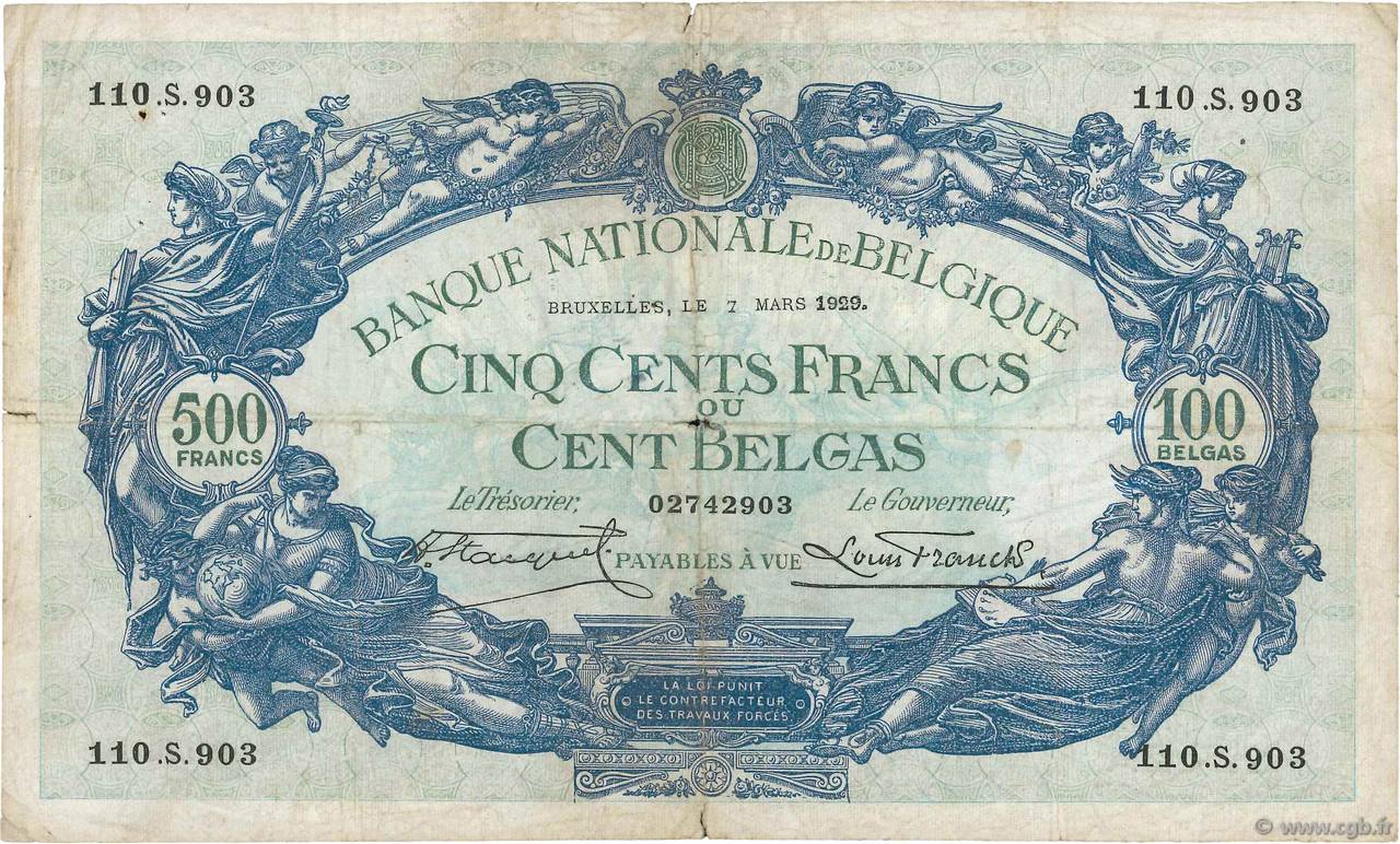 500 Francs - 100 Belgas BELGIUM  1929 P.103a VG