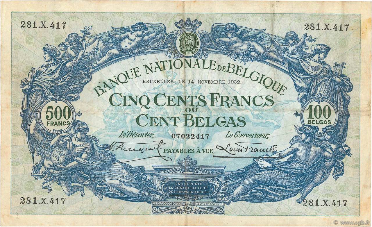 500 Francs - 100 Belgas BELGIEN  1932 P.103a fSS