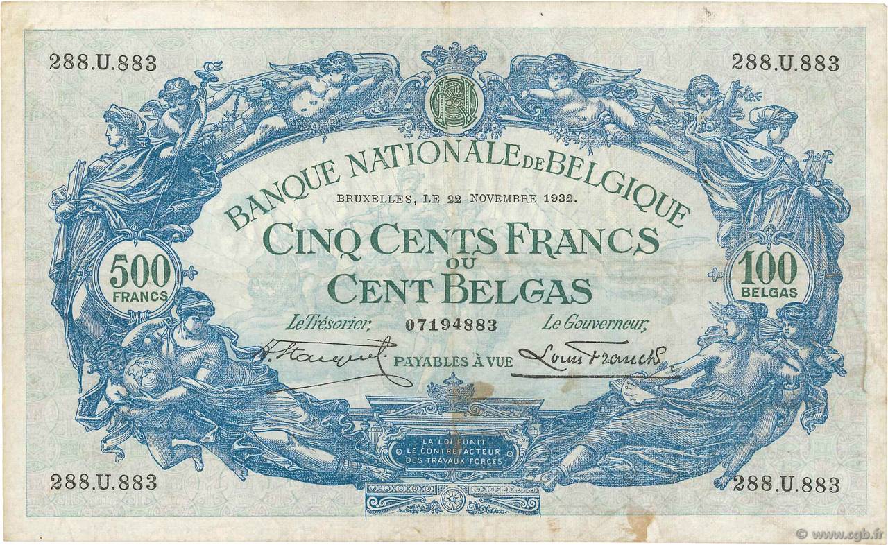 500 Francs - 100 Belgas BELGIQUE  1932 P.103a pr.TTB