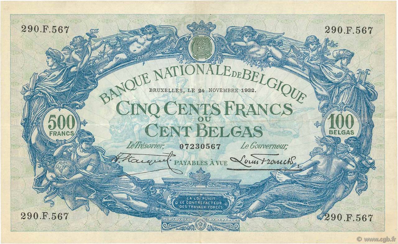 500 Francs - 100 Belgas BELGIUM  1932 P.103a VF+