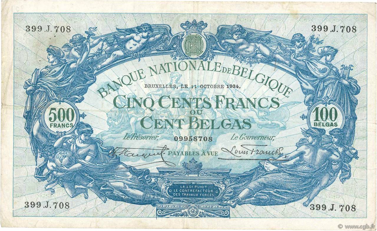 500 Francs - 100 Belgas BELGIUM  1934 P.103a F+