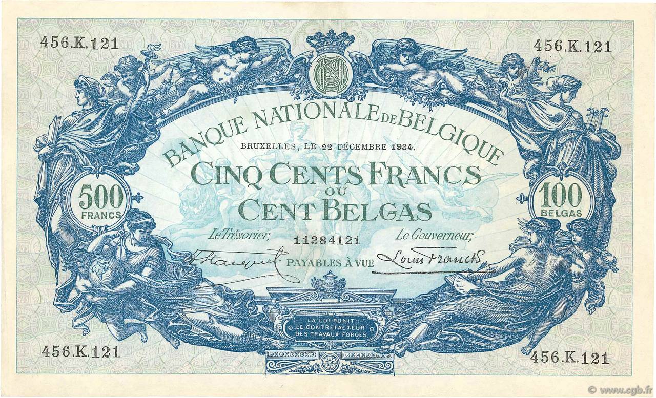 500 Francs - 100 Belgas BELGIUM  1934 P.103a XF