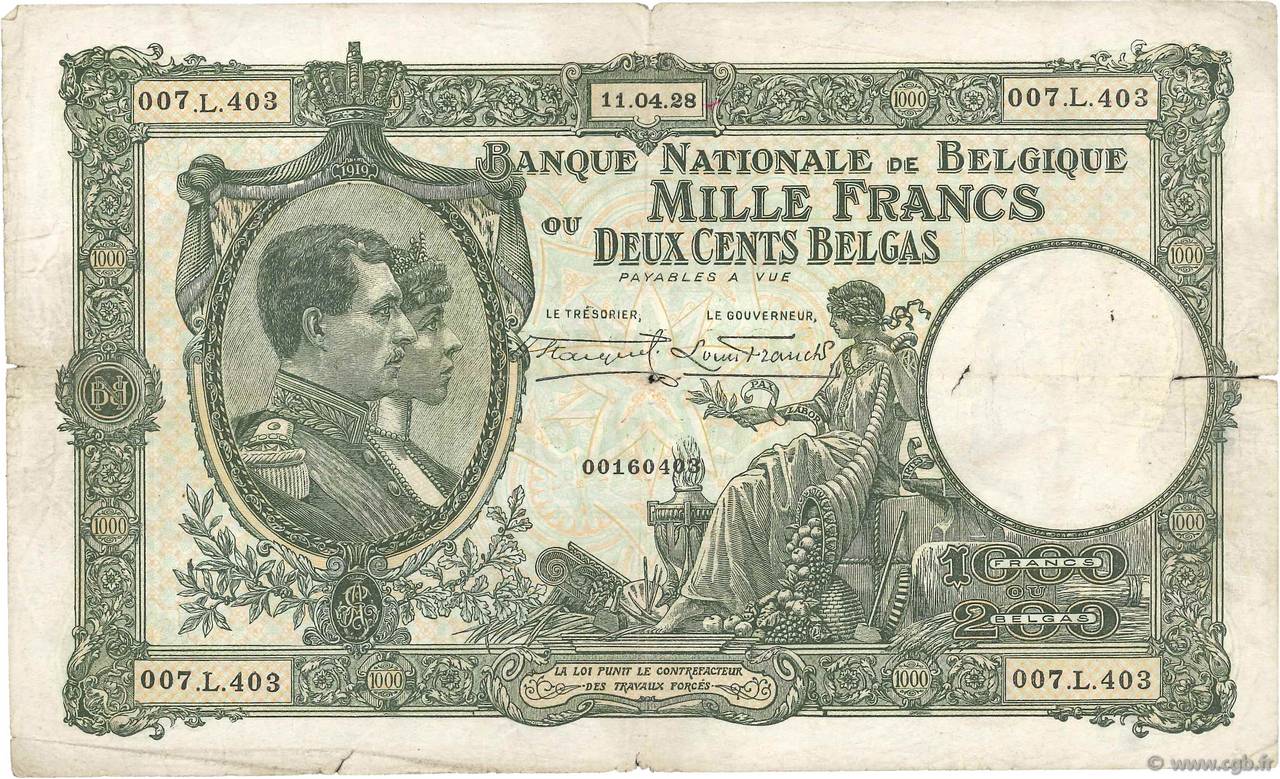1000 Francs - 200 Belgas BELGIO  1928 P.104 q.MB