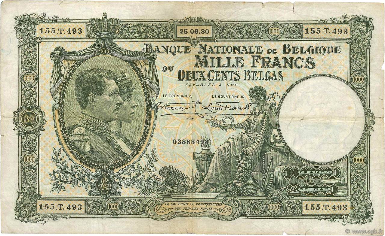 1000 Francs - 200 Belgas BÉLGICA  1930 P.104 RC+