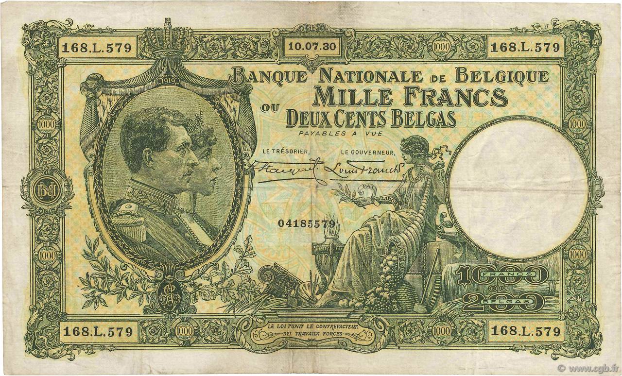 1000 Francs - 200 Belgas BÉLGICA  1930 P.104 BC+