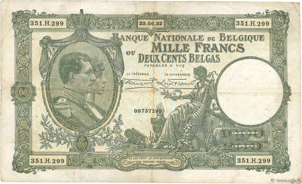 1000 Francs - 200 Belgas BELGIEN  1932 P.104 fSS
