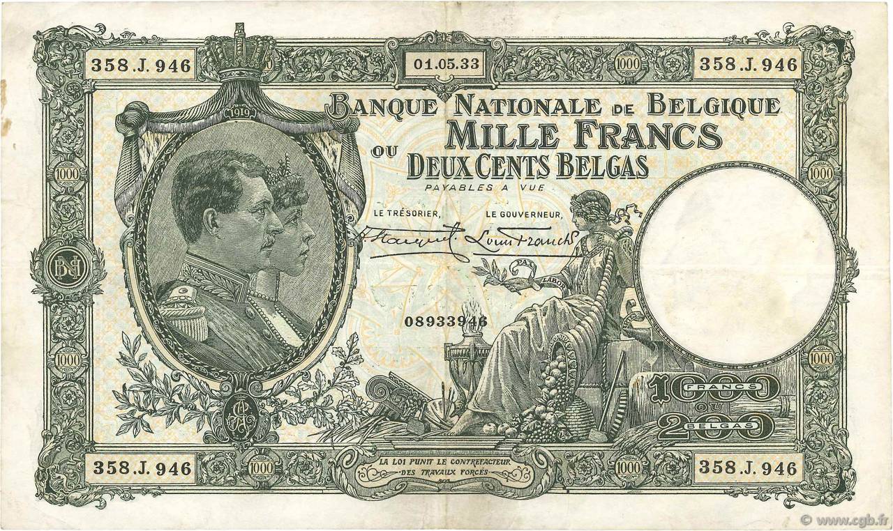 1000 Francs - 200 Belgas BELGIO  1933 P.104 BB
