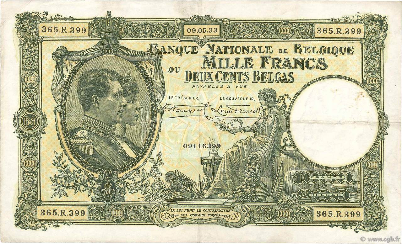 1000 Francs - 200 Belgas BÉLGICA  1933 P.104 MBC