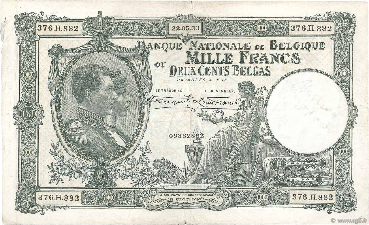 1000 Francs - 200 Belgas BELGIQUE  1933 P.104 TB