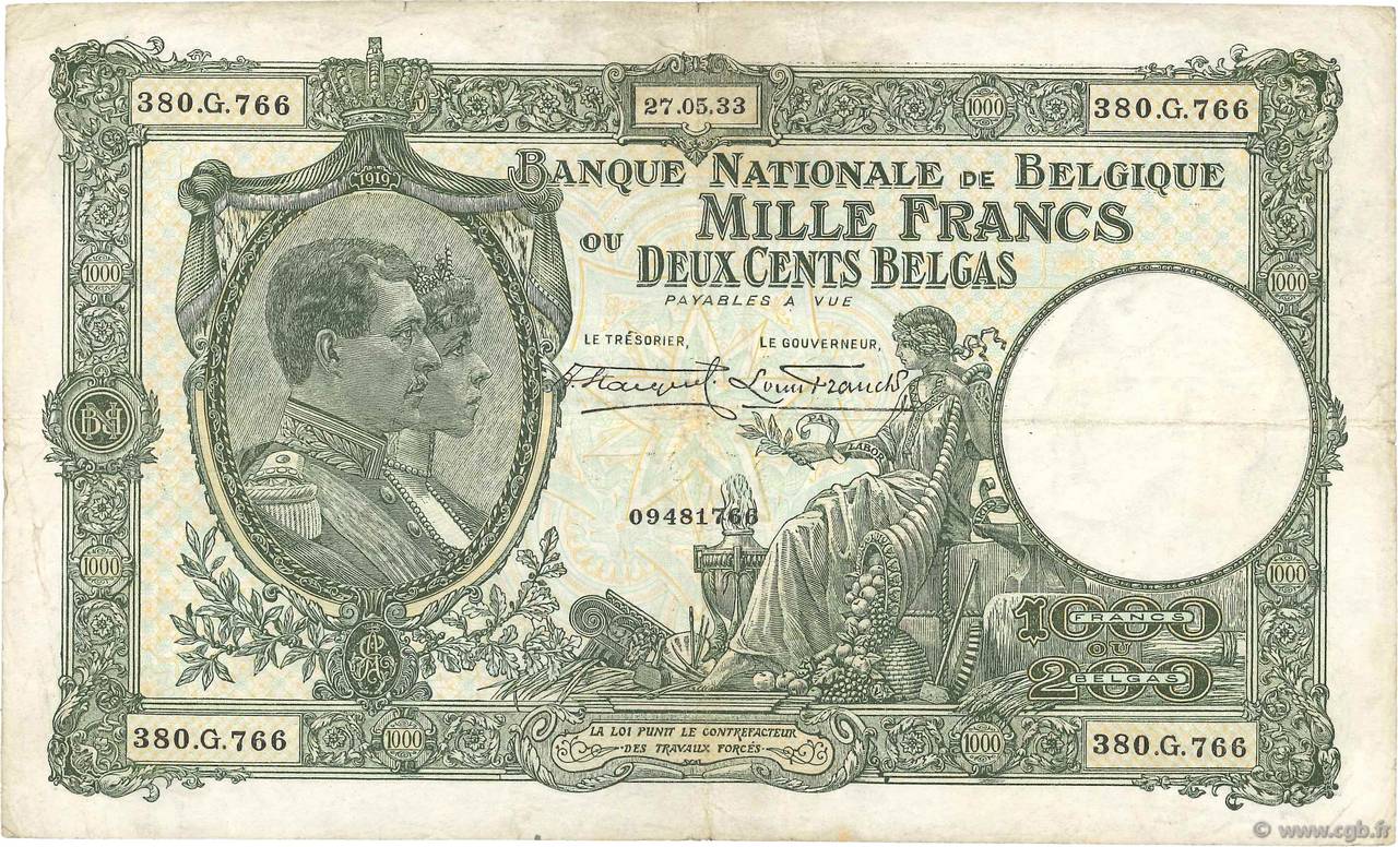 1000 Francs - 200 Belgas BÉLGICA  1933 P.104 BC+