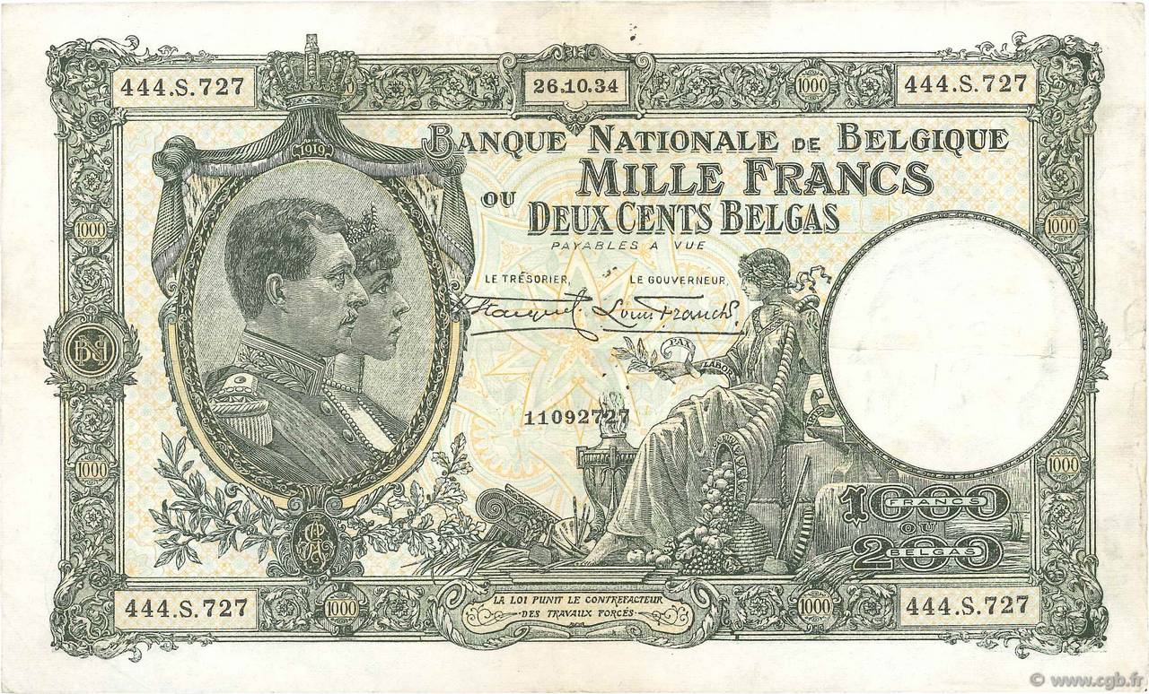 1000 Francs - 200 Belgas BÉLGICA  1934 P.104 MBC