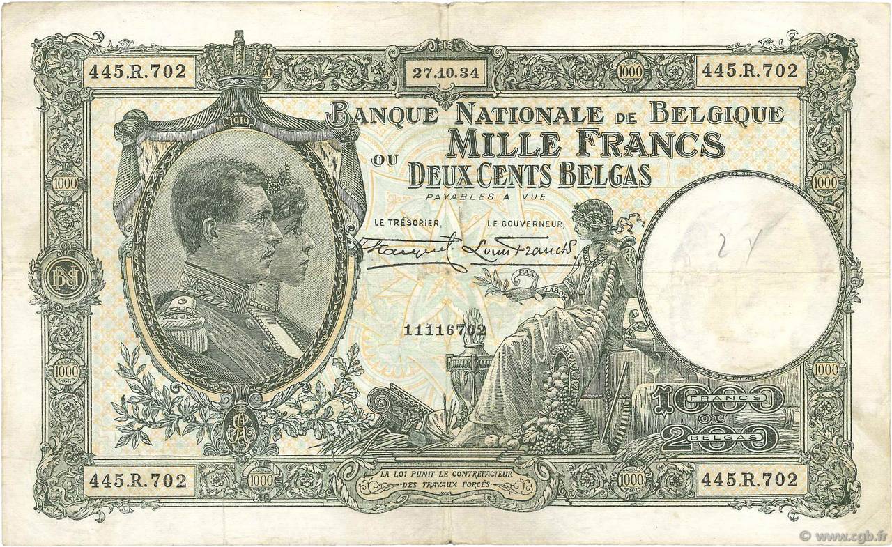 1000 Francs - 200 Belgas BÉLGICA  1934 P.104 BC+