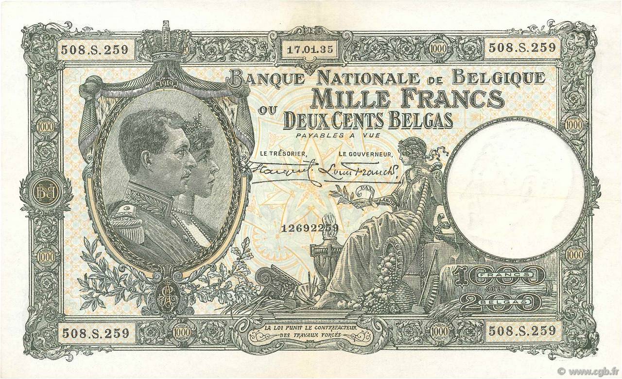 1000 Francs - 200 Belgas BÉLGICA  1935 P.104 MBC+