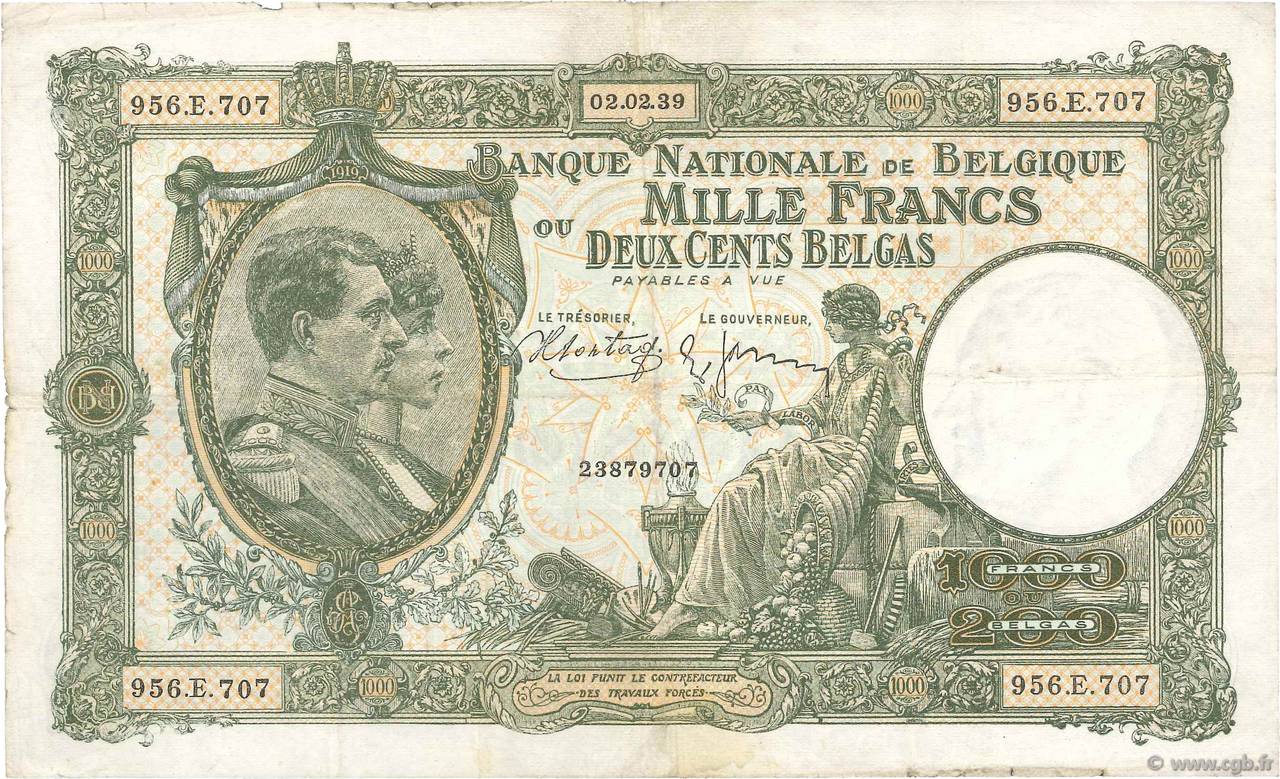 1000 Francs - 200 Belgas BÉLGICA  1939 P.104 BC