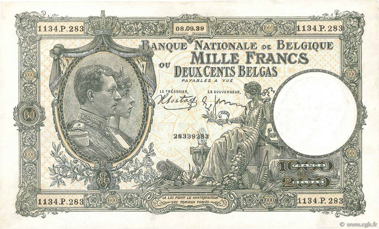 1000 Francs - 200 Belgas BELGIEN  1939 P.104 fVZ