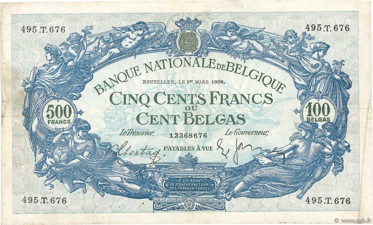 500 Francs - 100 Belgas BELGIUM  1938 P.109 F+